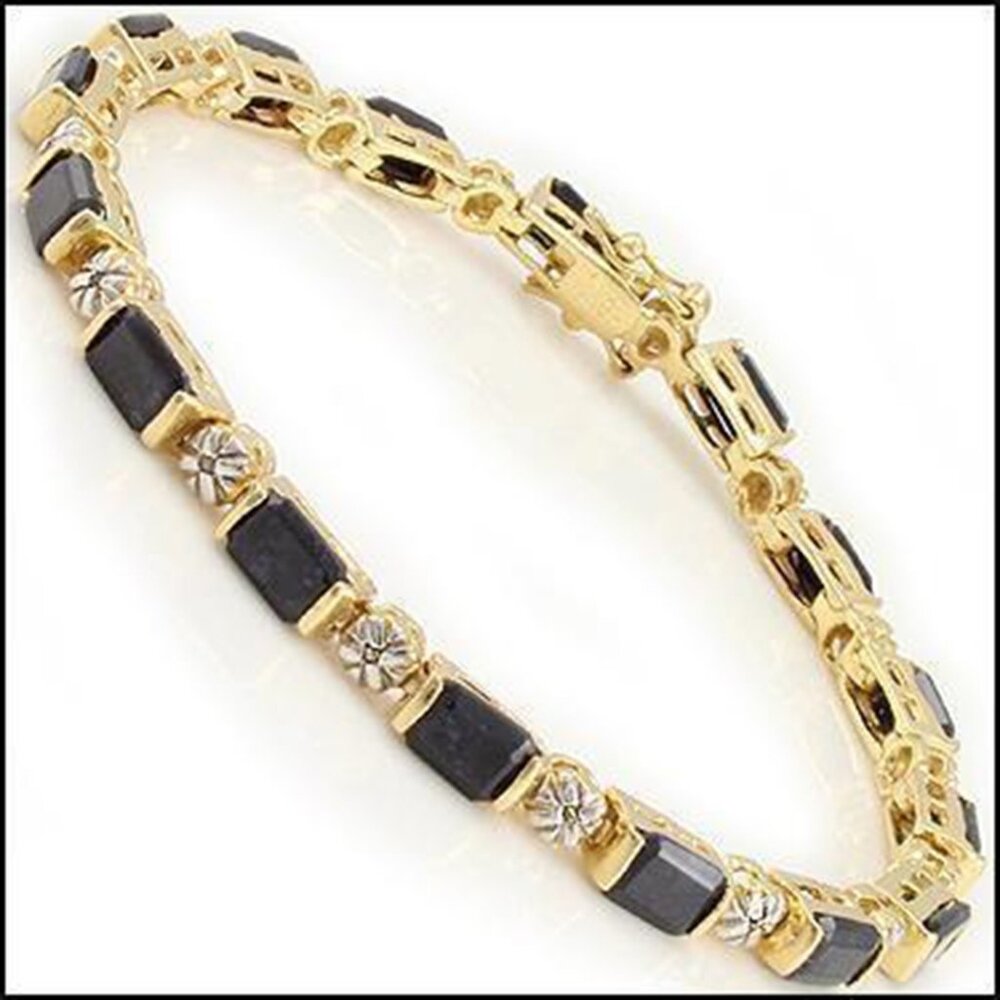 18K Yellow Gold Over Solid Sterling Silver Diamond and Black Sapphire 7.4" Brac